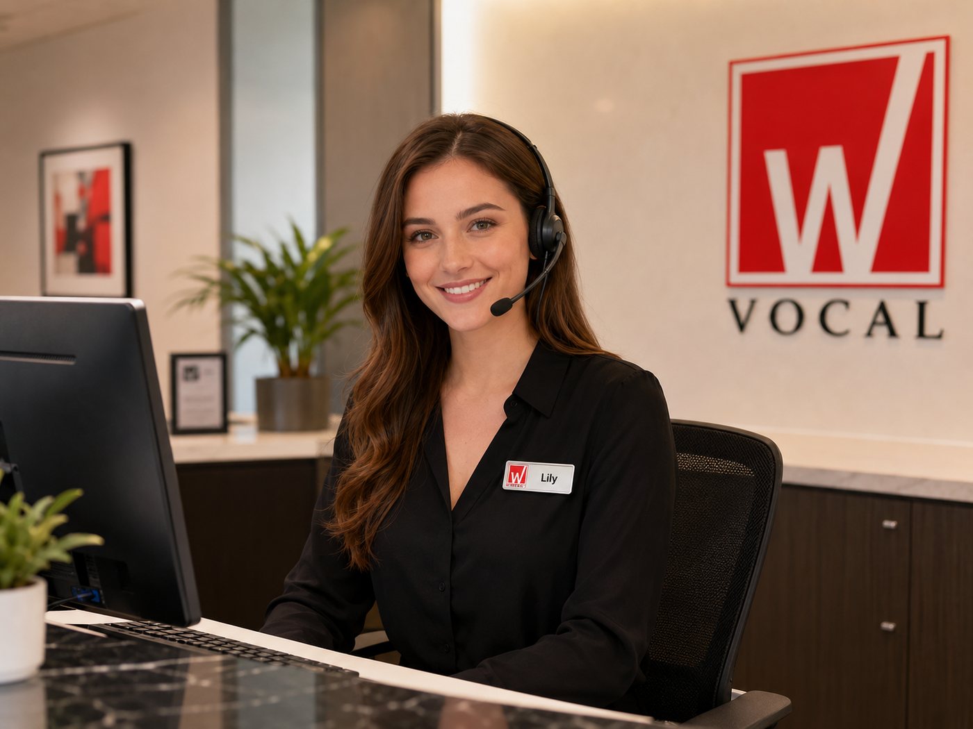 Lily, a WinningVocal AI voice agent, at a front desk with a headset